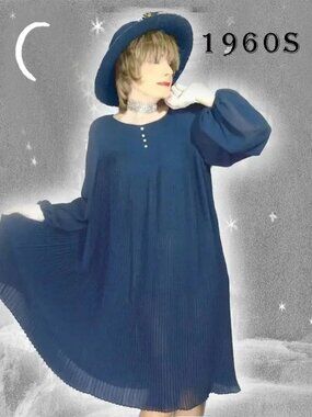 Long Sleeve Formal Dress, Navy Pleated Loose Tent Dress Vintage Maternity